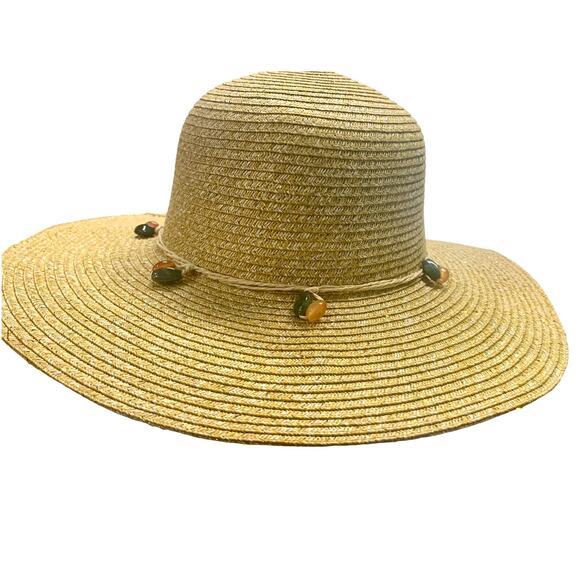Strand Headwear Womens Summer Sun Hat Floppy Woven Straw Gold Thread Beaded Band - Picture 3 of 8